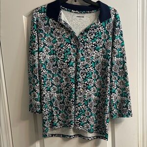 Lands' End Women's Button top Floral Shirt - Navy and Teal